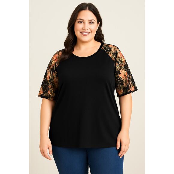26 4X Plus Size BloomChic Floral Mesh Sleeve Black Stretchy T Shirt Top - Picture 1 of 7